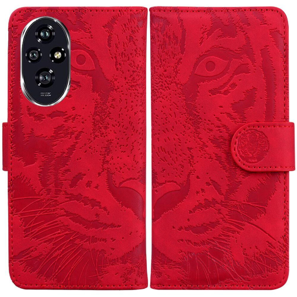 (Red) Flip Case For Honor 200 5G Kickstand Protective Leather Wallet Embossed Cute Tiger Red 764563585939