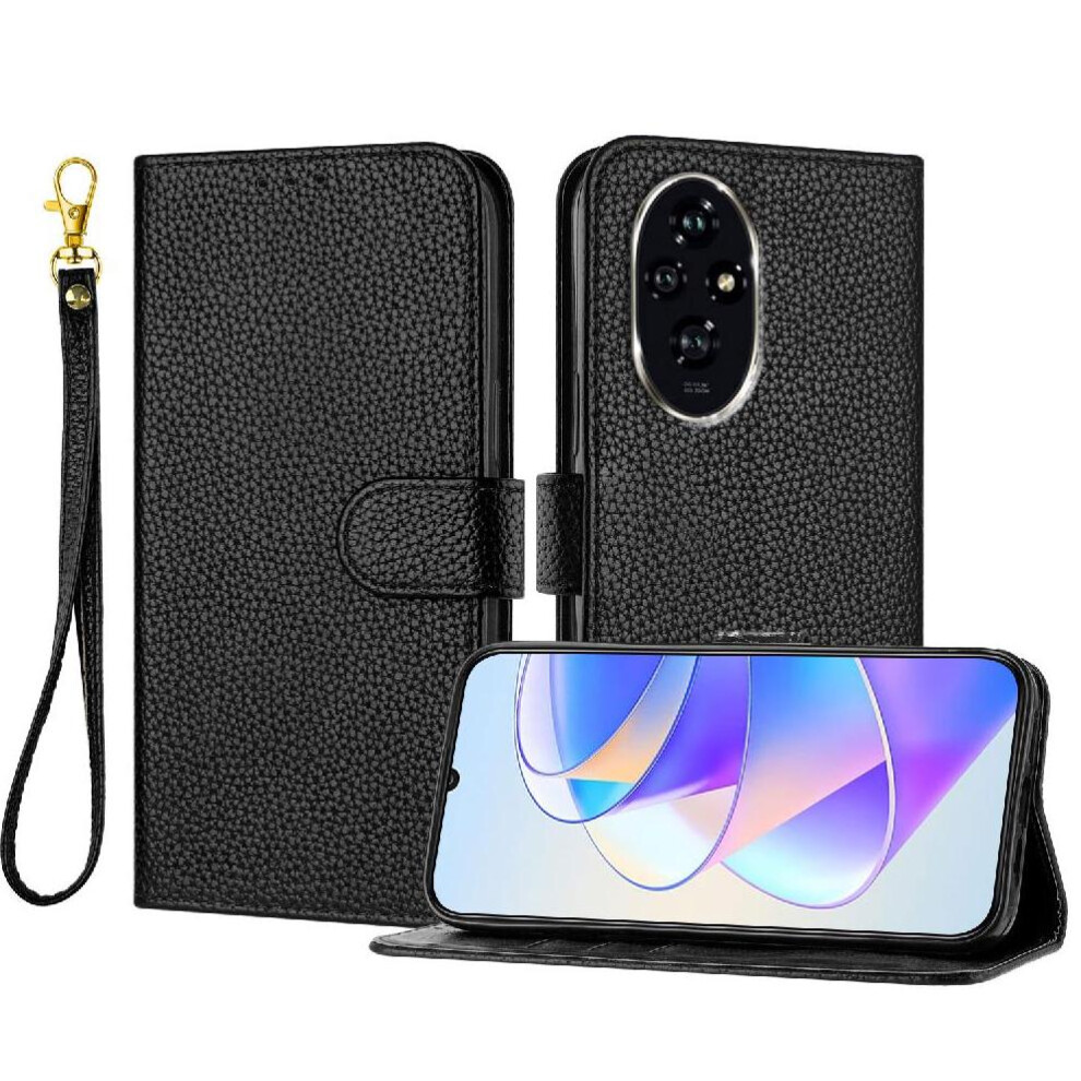 (Black) Phone Case For Honor 200 Pro Wallet Pu Lether Card Slots Holder Flip Folio Litchi Pattern Black 764563586028
