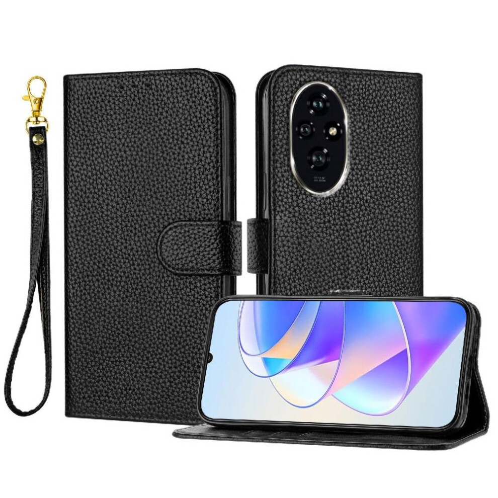 (Black) Phone Case For Honor 200 Litchi Pattern Flip Folio Card Slots Holder Wallet Pu Lether Black 764563586080