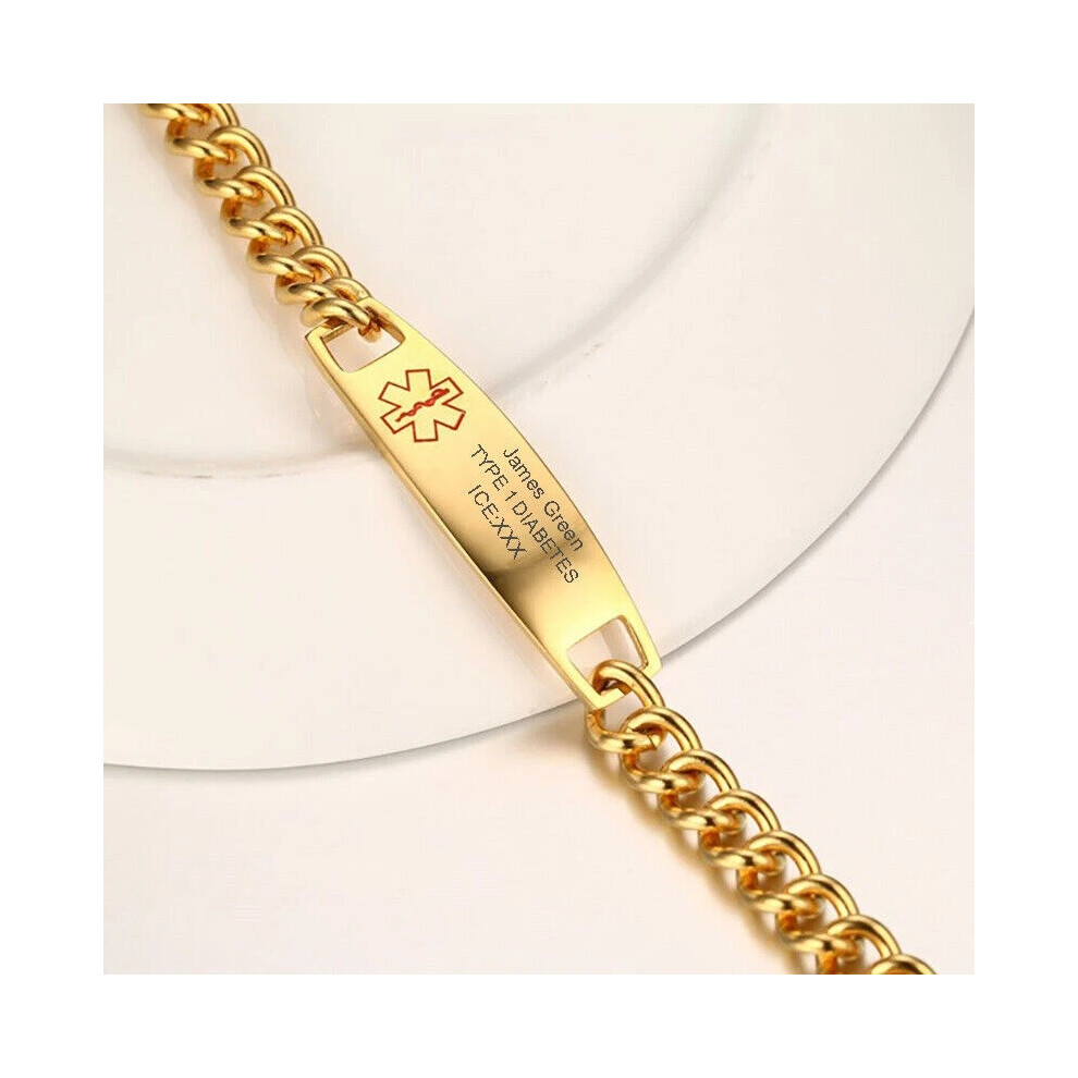 Gold (, Epilepsy) Stainless Steel Medical Alert Id Bracelet Wristband Personalized Engraving