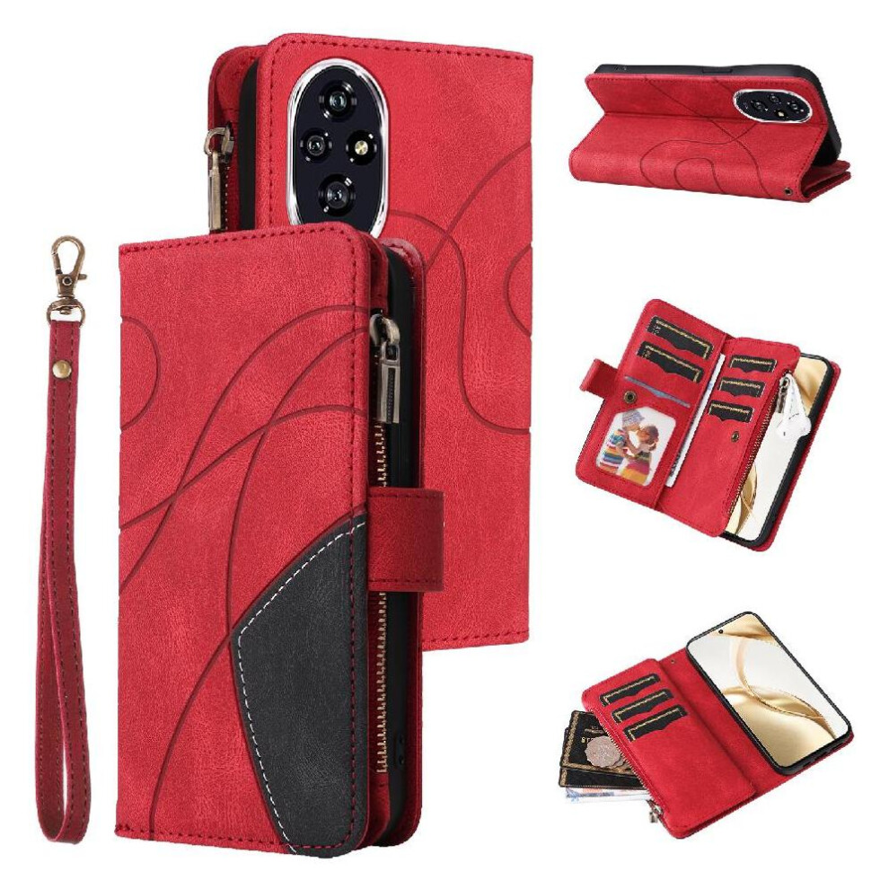 (Red) Case For Honor 200 Zipper Wallet Style With Card Slot Stand Kickstand Protective Two-Color Stitching Nine Card Slots Red 764563588268