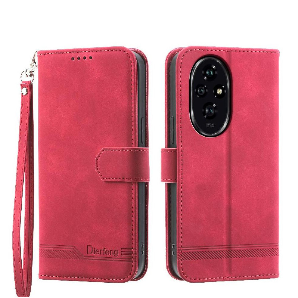(Red) Flip Case For Honor 200 Magnetic Closure Wristband Card Slots Cash Pocket Premium Red 764563588329