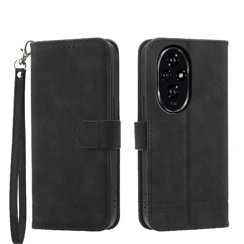 (Black) Flip Case For Honor 200 Magnetic Closure Wristband Card Slots Cash Pocket Premium Black 764563588350