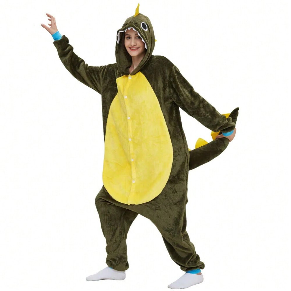 (Pajamas, S(Height 145-155CM)) Green Dragon Cartoon Flannel Women Pajamas Set Dinosaur Adult Kigurumi Onesie Cosplay Animal Onepiece Unisex Men Funny Sleepwear