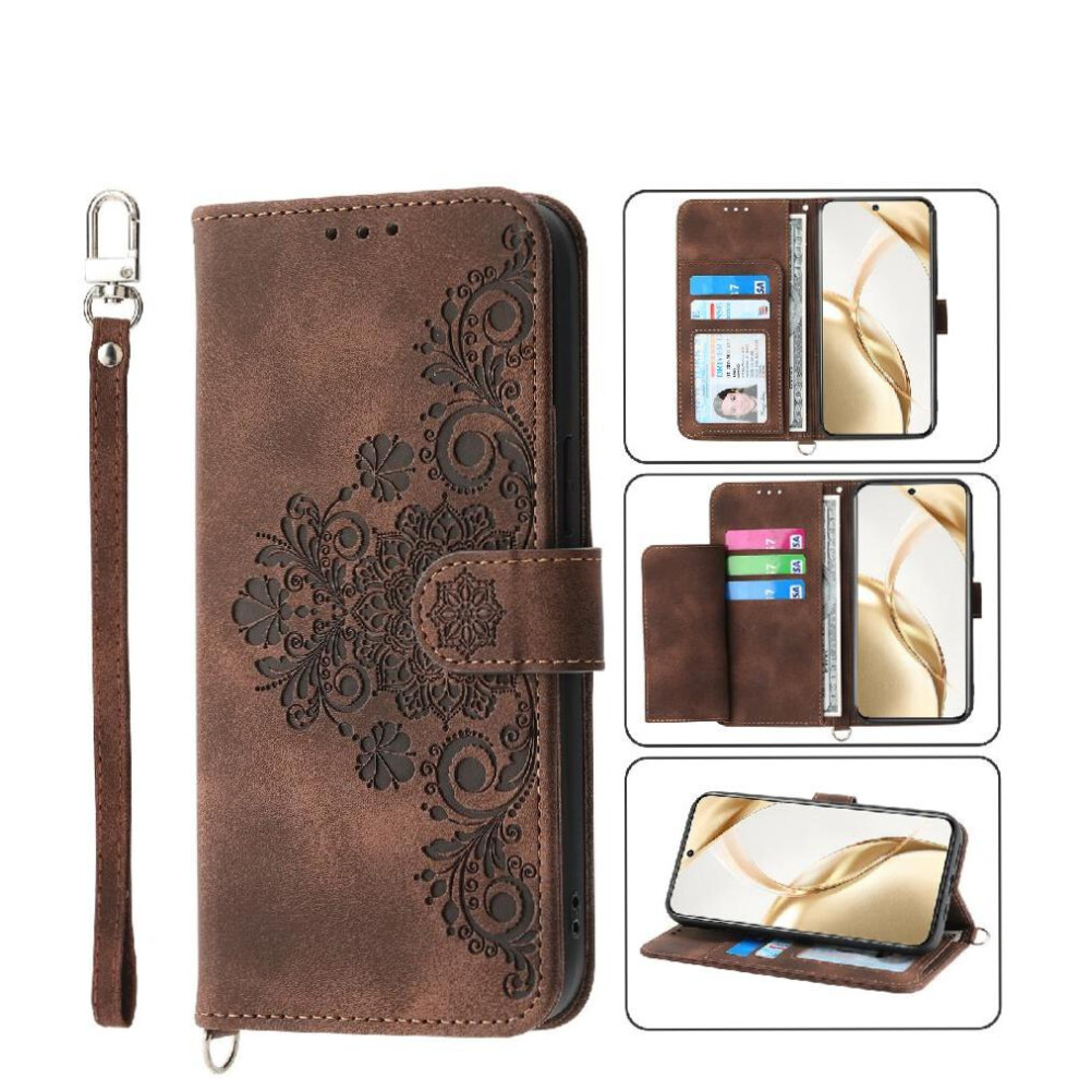 (Brown) Flip Case For Honor 200 Shockproof Multiple Credit Card Slots Embossed Wristband Brown 764563588442