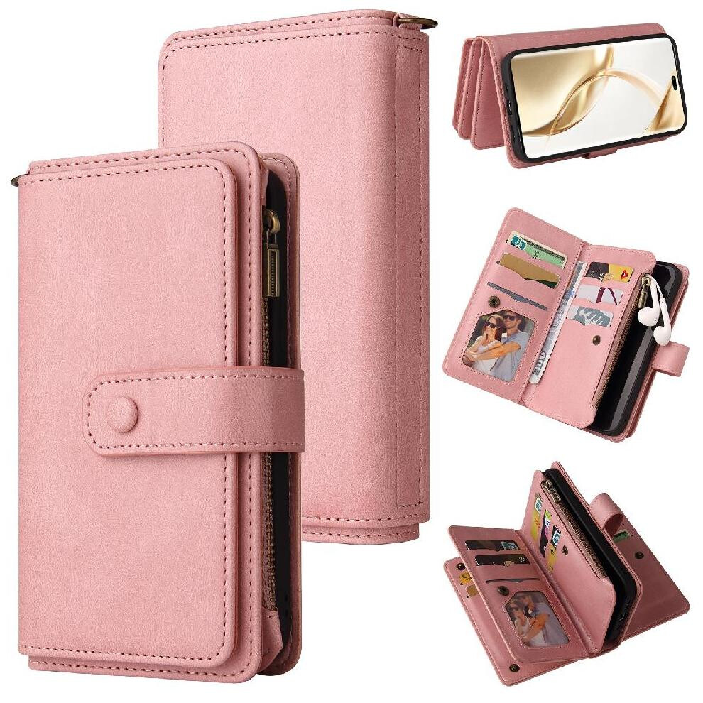(Pink) Wallet Phone Case For Honor 200 Pro Fifteen Card Slots Zipper Poket With Card Slot Stand Pu Leather Magnetic Closure Pink 764563589036