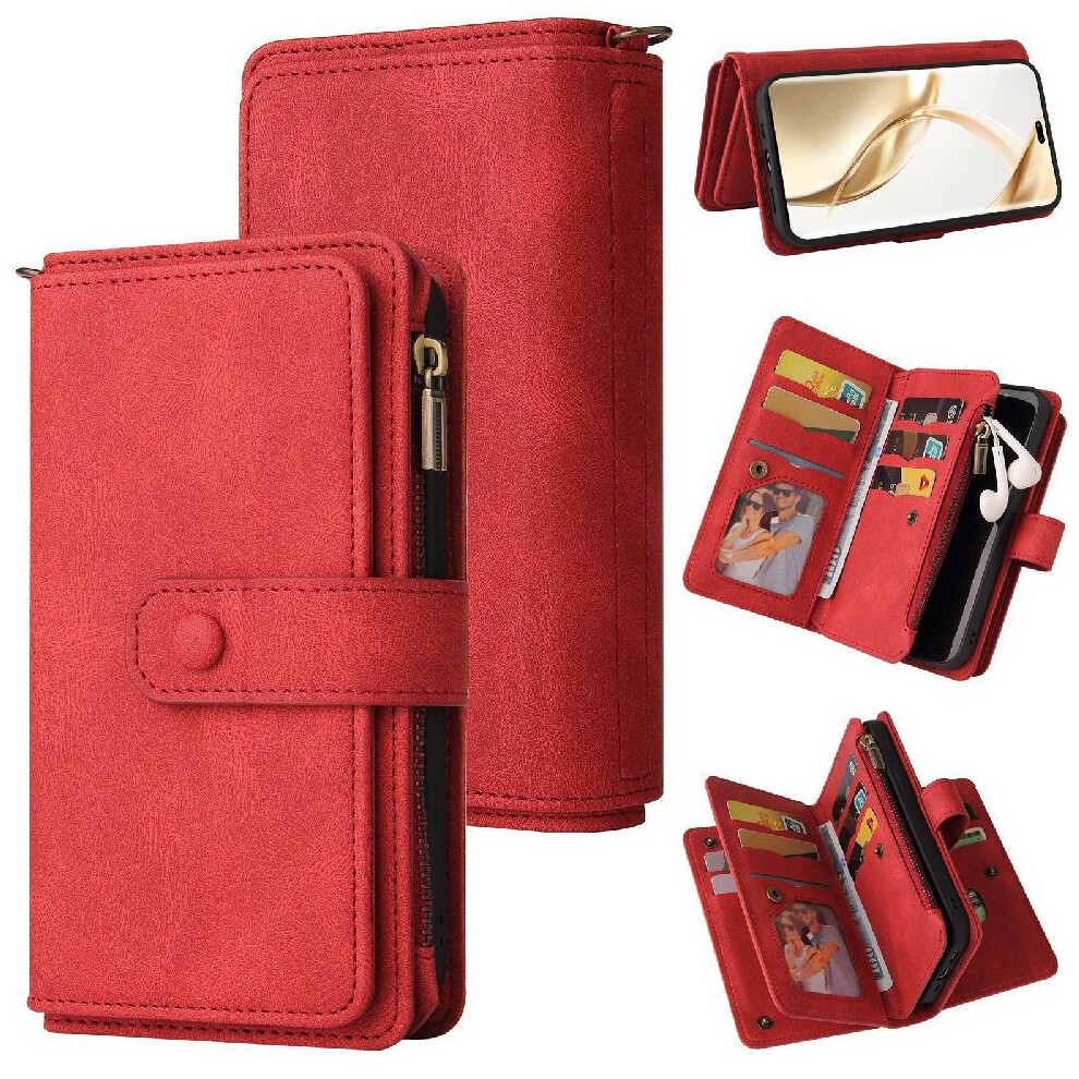 (Red) Wallet Phone Case For Honor 200 Pro Fifteen Card Slots Zipper Poket With Card Slot Stand Pu Leather Magnetic Closure Red 764563589043