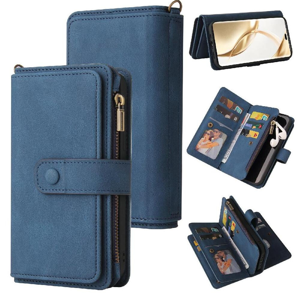 (Blue) Wallet Phone Case For Honor 200 Pro Fifteen Card Slots Zipper Poket With Card Slot Stand Pu Leather Magnetic Closure Blue 764563589029