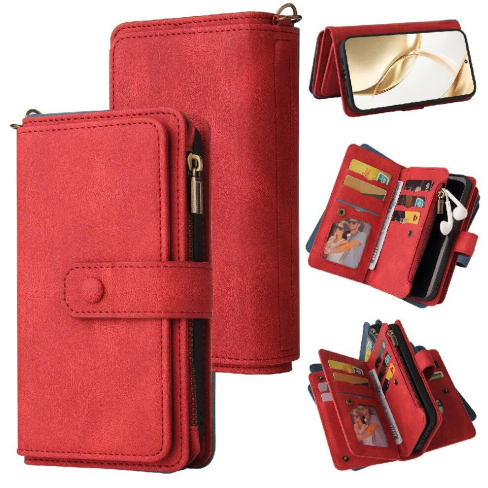 (Red) Wallet Phone Case For Honor 200 Fifteen Card Slots With Card Slot Stand Zipper Poket Pu Leather Magnetic Closure Red 764563589081