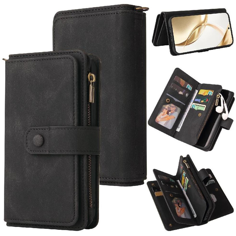 (Black) Wallet Phone Case For Honor 200 Fifteen Card Slots With Card Slot Stand Zipper Poket Pu Leather Magnetic Closure Black 764563589098