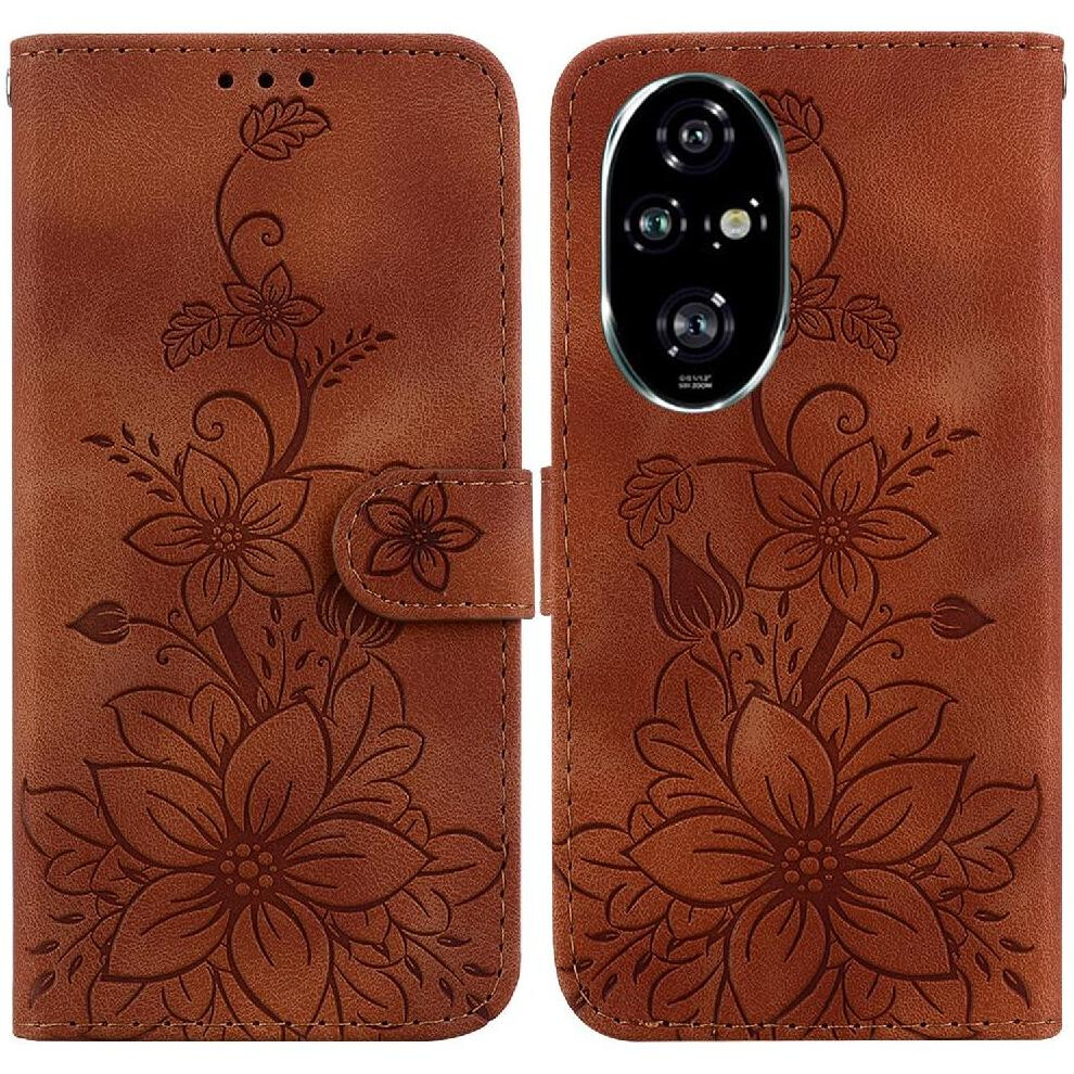 (Brown) Flip Case For Honor 200 Pro 5G Card Holder Wallet Embossed Lily Magnetic Kickstand Brown 764563590018