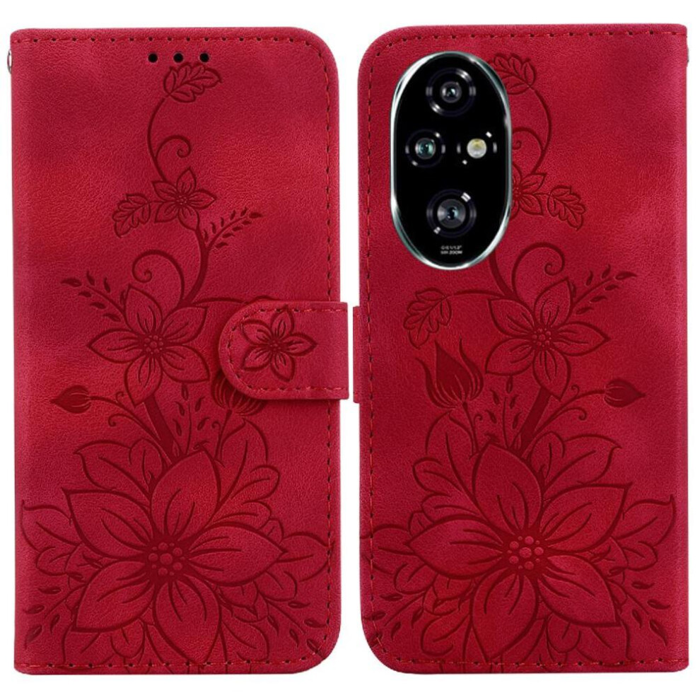 (Red) Flip Case For Honor 200 Pro 5G Card Holder Wallet Embossed Lily Magnetic Kickstand Red 764563590049