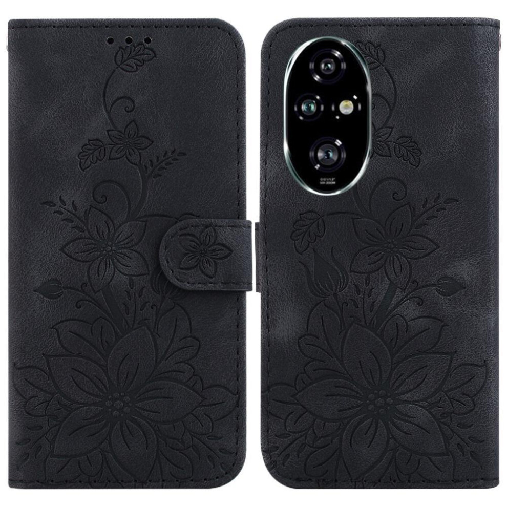 (Black) Flip Case For Honor 200 Pro 5G Card Holder Wallet Embossed Lily Magnetic Kickstand Black 764563590056