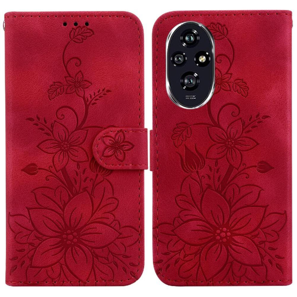 (Red) Flip Case For Honor 200 5G Wallet Magnetic Kickstand Card Holder Embossed Lily Red 764563590100