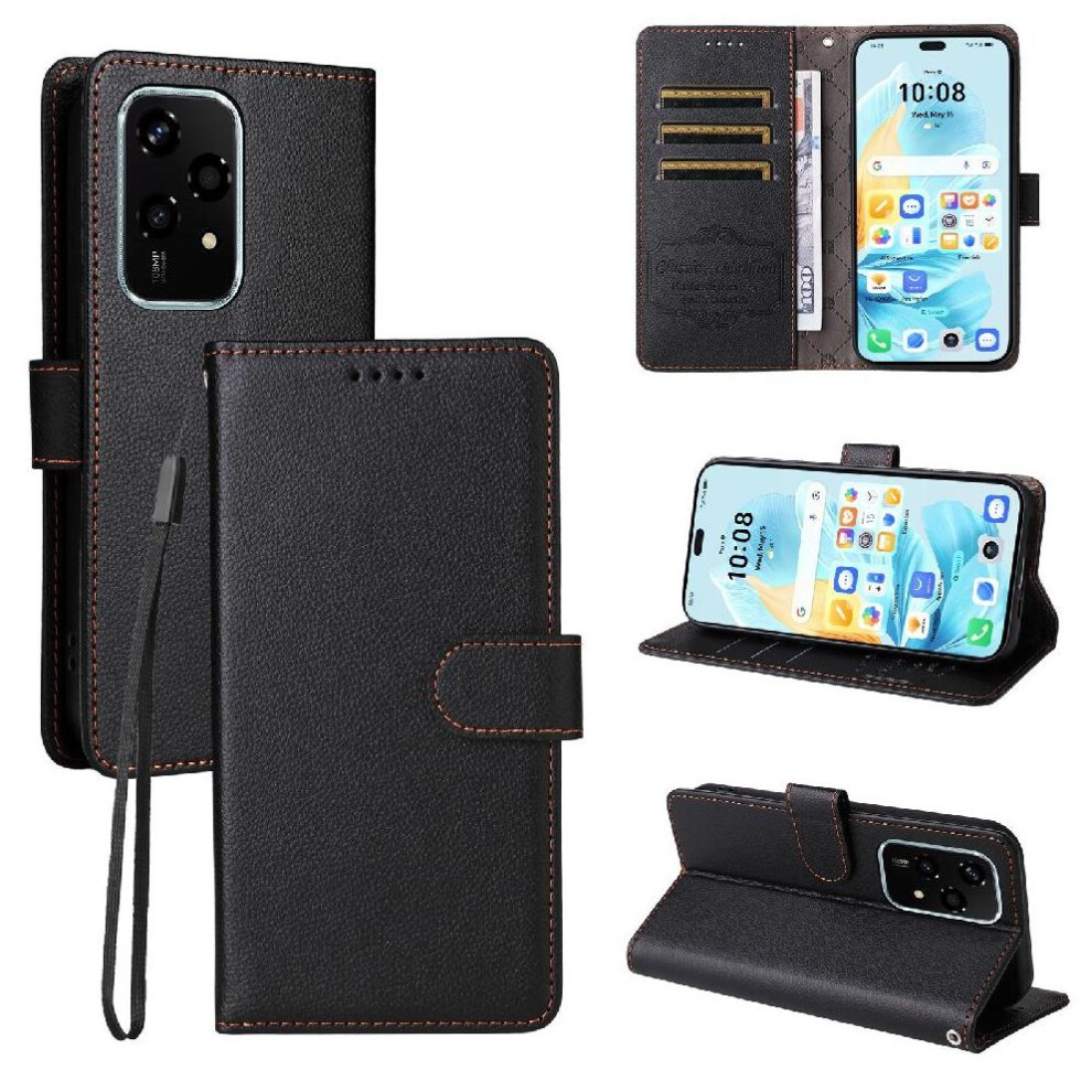 (Black) Flip Case For Honor 200 Lite 5G Crad Slot Wireless Charging Magnetic Car Mount Wallet Black 764563593552
