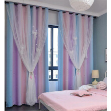 (As show, One size) hollow stars window nursery curtains 200 cm long room darkening rope ring 2 layers (pink purple, width 1.5 * height 2.0 m a piece [send bow])