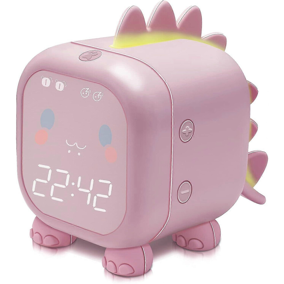 (As Show, One Size) Kids Alarm Clock With Dinosaur, Digital Alarm Clock For Kids Bedroom, Cute Bedside Clock Children's Sleep Trainier(Pink) Pink