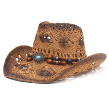 Outdoor Beach Ethnic Western Cowboy Hat Sunscreen Shade Straw Hat Jazz Hat (Dark Coffee)