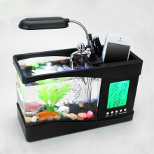 Creative Mini USB Powered Fish Tank Creative Gifts Household Supplies Aquarium Pen Holder Time Alarm