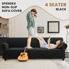 (4 Seater Sofa Cover, Black) Stretch Sofa Cover Non Slip Couch Cover Spandex Slipcover Protector T Shape Elastic Furniture Cover