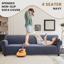 (4 Seater Sofa Cover, Blue Grey) Stretch Sofa Cover Non Slip Couch Cover Spandex Slipcover Protector T Shape Elastic Furniture Cover