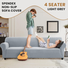 (4 Seater Sofa Cover, Silver) Stretch Sofa Cover Non Slip Couch Cover Spandex Slipcover Protector T Shape Elastic Furniture Cover