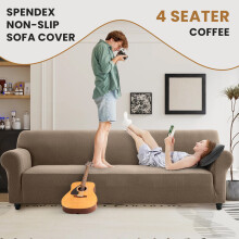 (4 Seater Sofa Cover, Coffee/Sand) Stretch Sofa Cover Non Slip Couch Cover Spandex Slipcover Protector T Shape Elastic Furniture Cover