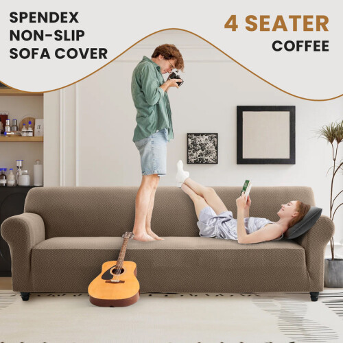 (4 Seater Sofa Cover, Coffee/Sand) Stretch Sofa Cover Non Slip Couch Cover Spandex Slipcover Protector T Shape Elastic Furniture Cover
