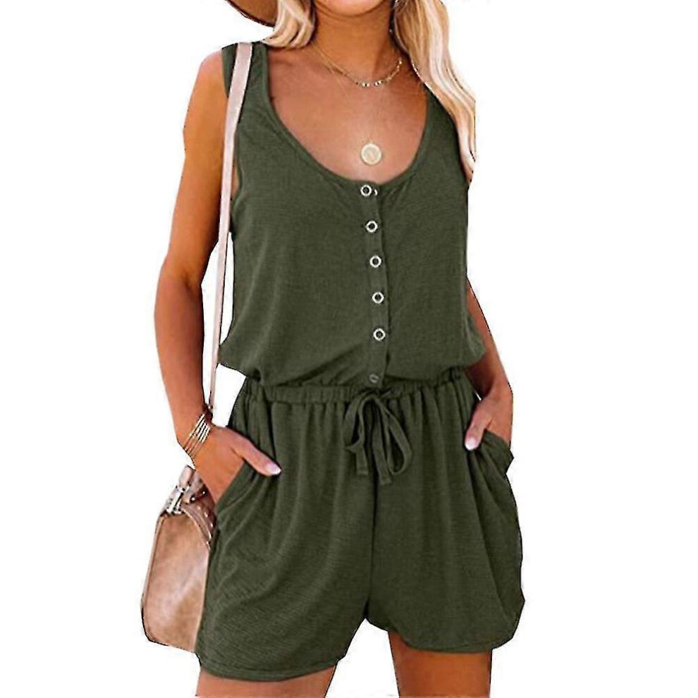 (2XL, Navy Blue) Women Ladies Summer Buttons Tie Knot Playsuit Romper Drawstring Sleeveless Short Jumpsuit-i-image-OPC-PHM7Y5B-NEW