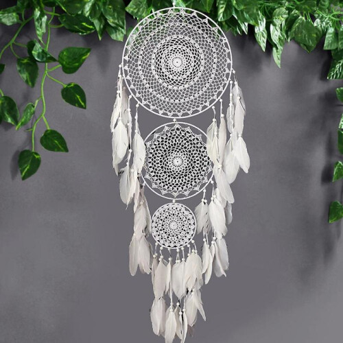 Dream Catcher with 3 Circles, White Lace Feather 1
