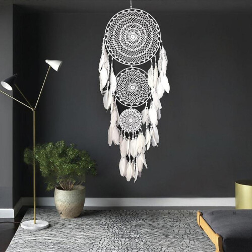 Dream Catcher with 3 Circles, White Lace Feather 2