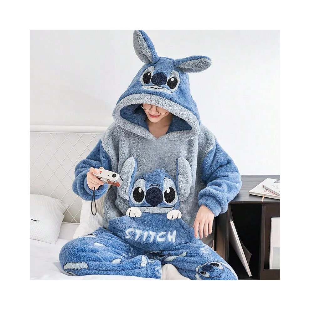 (Top and pants B, L 60-68kg men) 2Pcs Disney Cartoon Stitch Couple Coral Fleece Pajamas Suit Cute Plush Hooded Pullover Top Pants Women Men Sleepwear Y2K Clothes