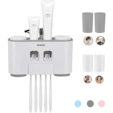 (As show, One size) Automatic Toothpaste Dispenser and Toothbrush Holder Set with Wall Mount - Hands Free 2 Toothpaste Squeezers with 5 Brushes Set with 4 Cups