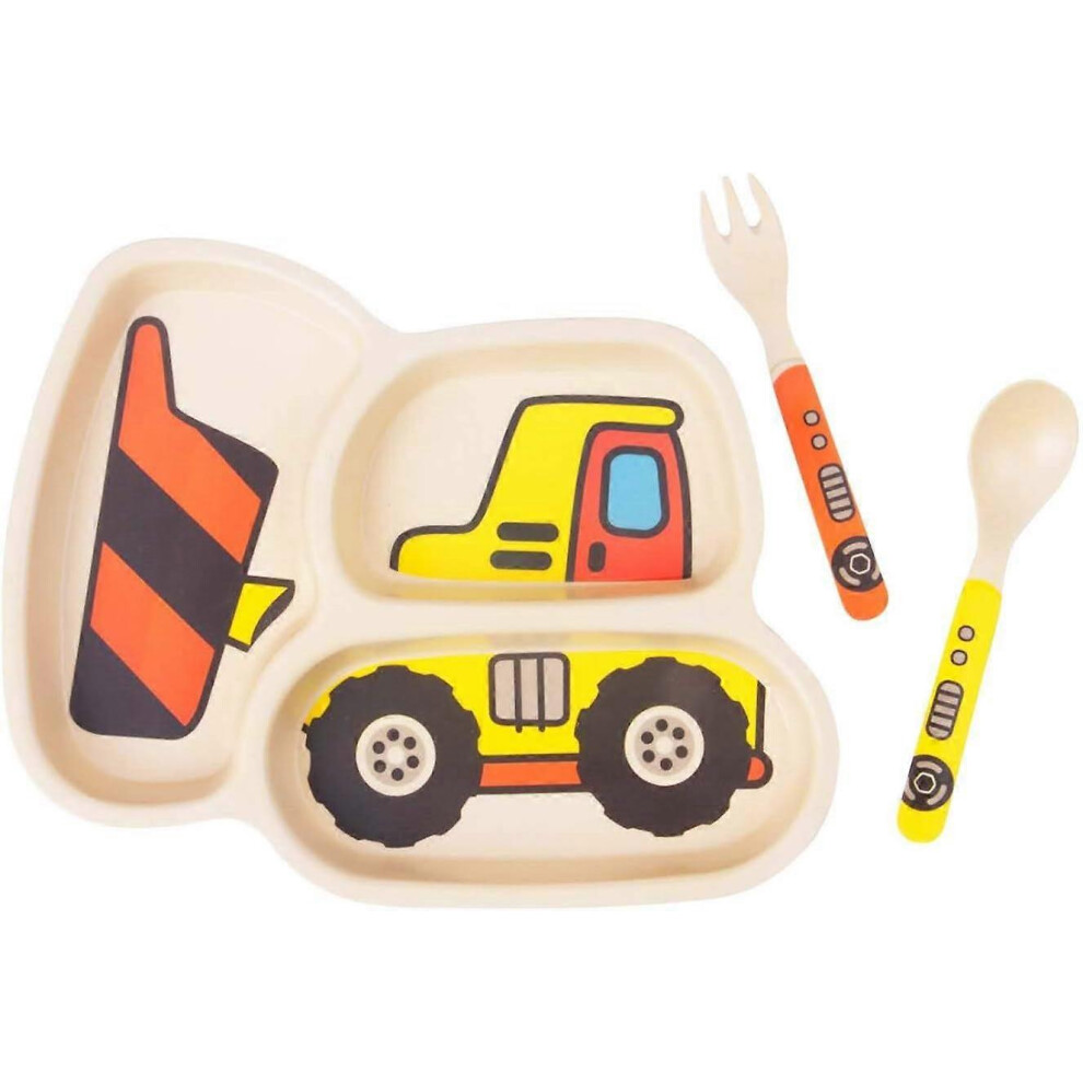 (As show, One size) Kid Plate Set Bamboo Toddler Plates Dinnerware Dinner Dish Set Baby Feeding Spill Proof Divided Plate-bulldozer