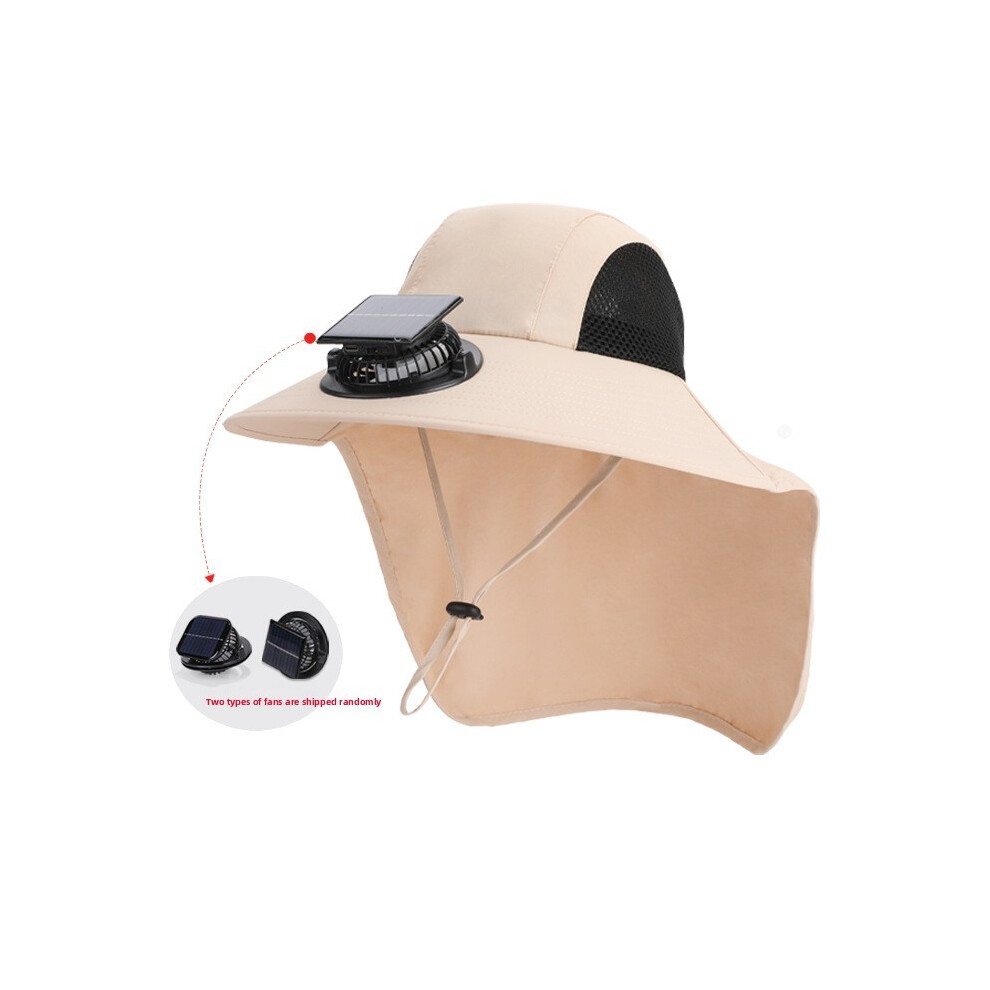 (Beige)Casquette été respirante grand bord avec ventilateur intégré pour camping sports de plein air