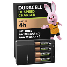 DURACELL Hi-Speed Battery Charger, 4 hours, Compatible with AA and AAA NiMh Batteries, 2x AA 1300mAh and 2x AAA 750 mAh, Rechargeable Batteries Inclu