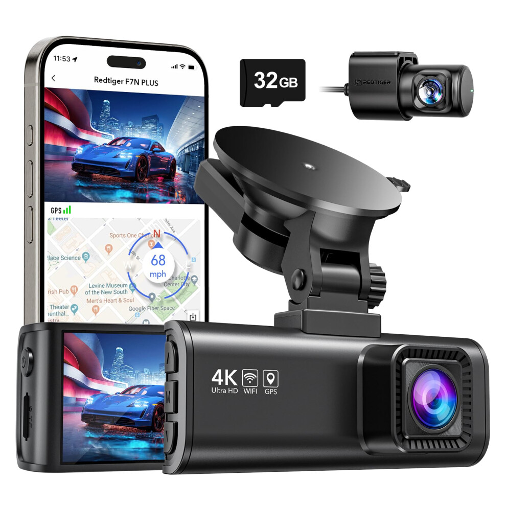 REDTIGER Dash Cam Front Rear, 4K/2.5K Full HD Dash Camera for Cars, Included 32GB Card, Built-in Wi-Fi GPS, 3.18â IPS Screen, Night Vision, 170Wide