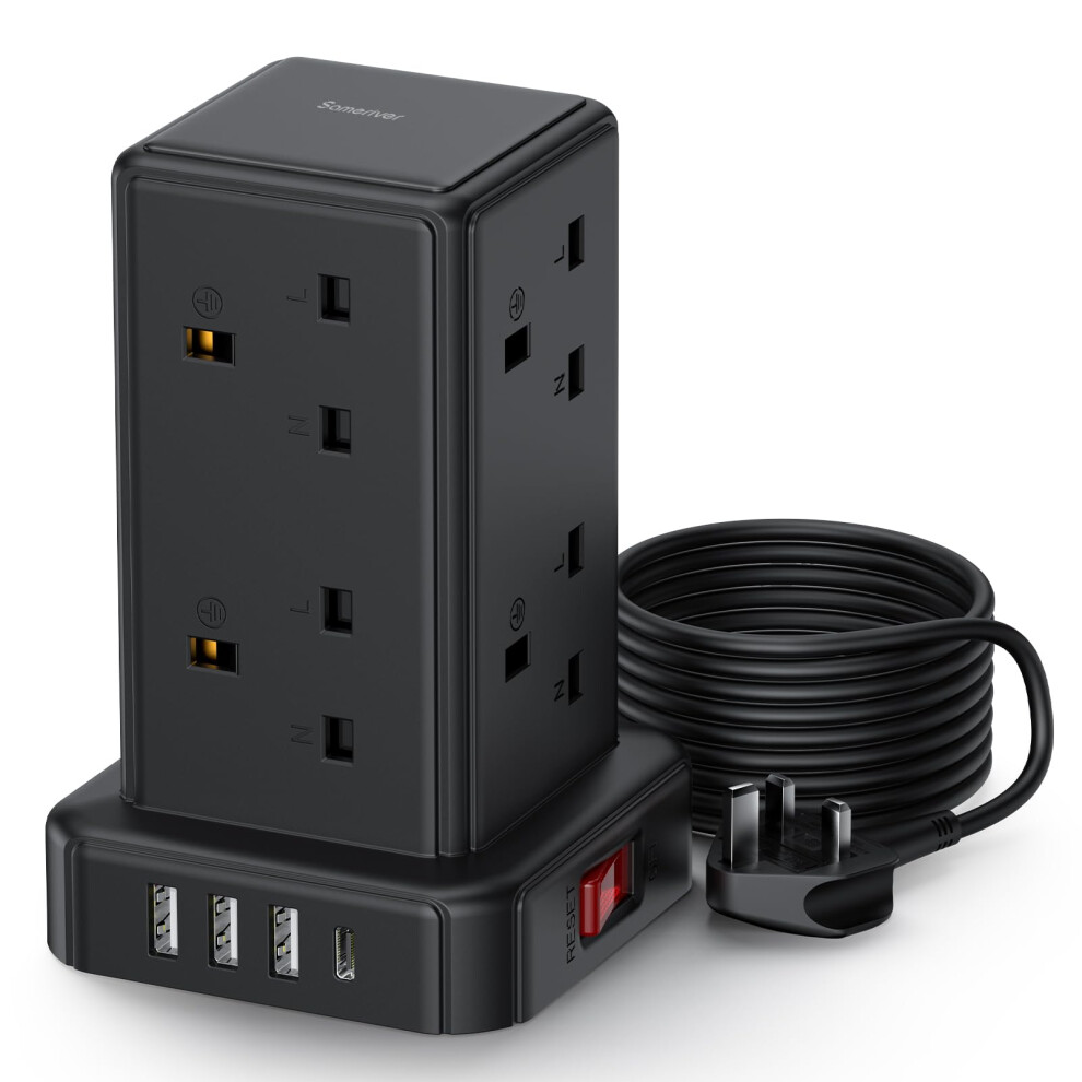 Tower Extension Lead Surge Protection Extension Lead With Switch (13A 3250W) 8 Ac Outlets & 4 Usb Ports Plug Extension Socket Extension Cable 2M Mini 1148310118189