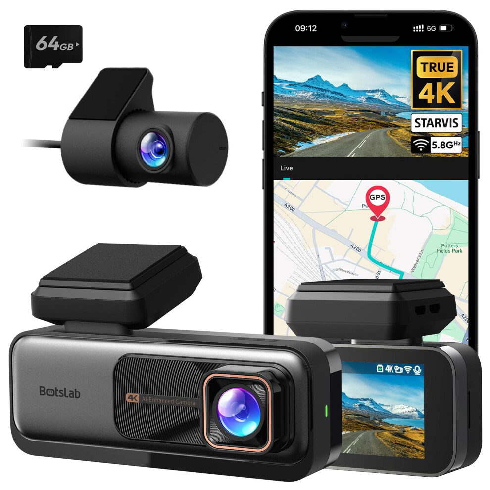 BOTSLAB 4K Dash Cam Front and Rear, 4K Car Dash Cam Front and 2K Rear Camera, Night Vision, STARVIS Sensor, ADAS, 170 Wide Angle, Built-in GPS and W