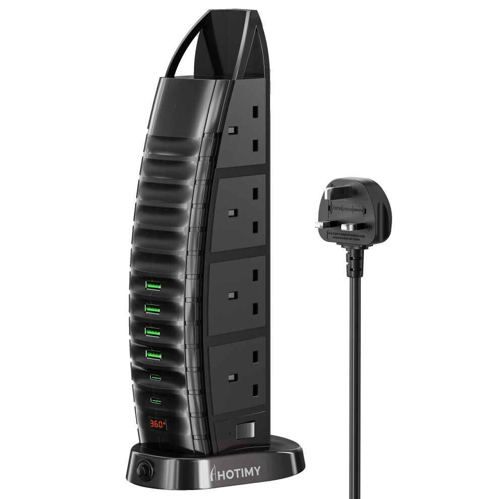 Tower Extension Lead With Usb Slots 2M, 8 Way Outlets Multi Plug Extension Tower With 6 Usb (2 Type C & 4 Usb A Ports) Overload Protection Extension 3242895848443