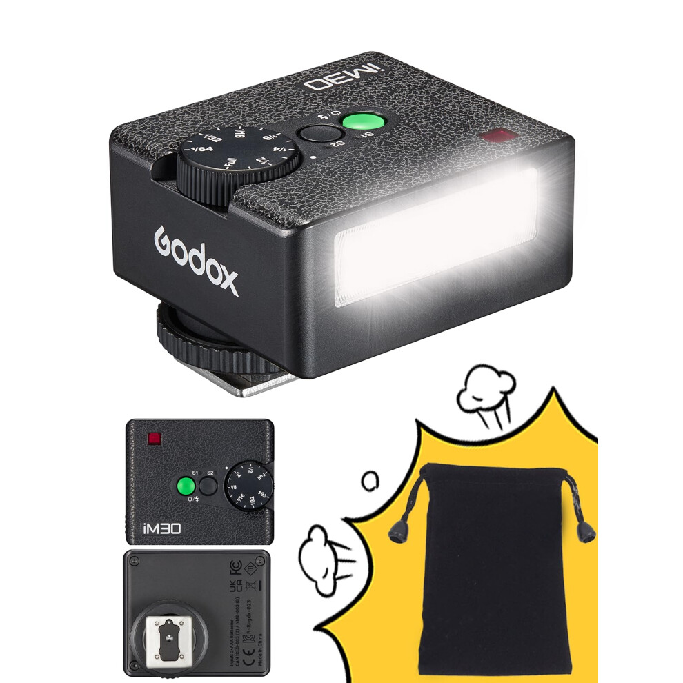 Godox iM30 Mini Camera Flash Speedlite, GN15 S1/S2 Optical Control, CCT 6500K200K Color Temperature, 7 Power Levels (1/64~1/1), Compatible with Cano