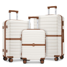 (cream and brown, 20+24+28) KONO 20+24+28Inch ABS/PC Striped Design with Cabin Suitcase Set