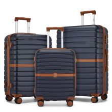 (navy and brown, 20+24+28) KONO 20+24+28Inch ABS/PC Striped Design with Cabin Suitcase Set