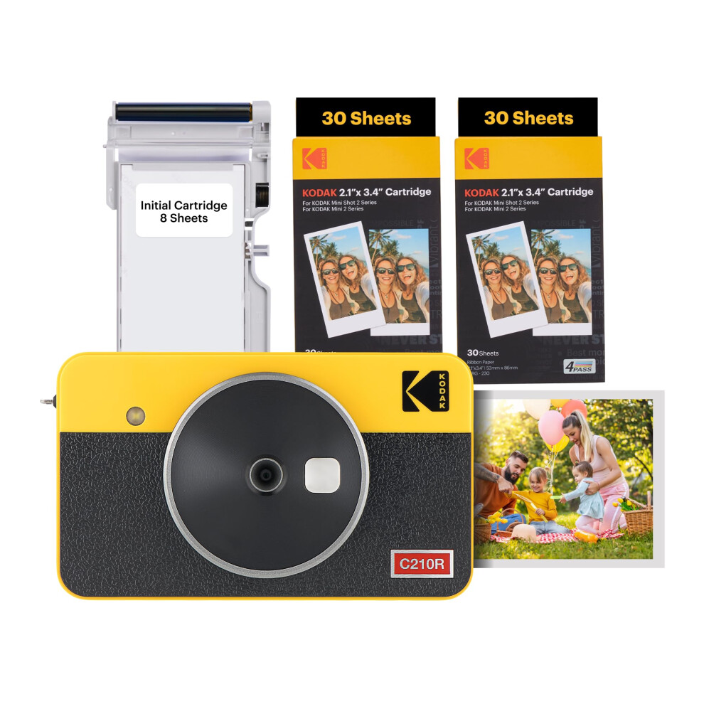 KODAK Mini Shot 2 Retro 4Pass 2-in-1 Instant Camera and Photo Printer (5.3 x 8.6 cm) + Initial 8 Sheets + 60 Sheets Bundle, Yellow