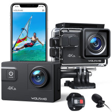 WOLFANG Action Camera 4K 60FPS 24MP GA300, WiFi 8X Zoom EIS Vlogging Camera, 40M Waterproof Underwater Camera for Snorkeling, External Mic, Remote Co
