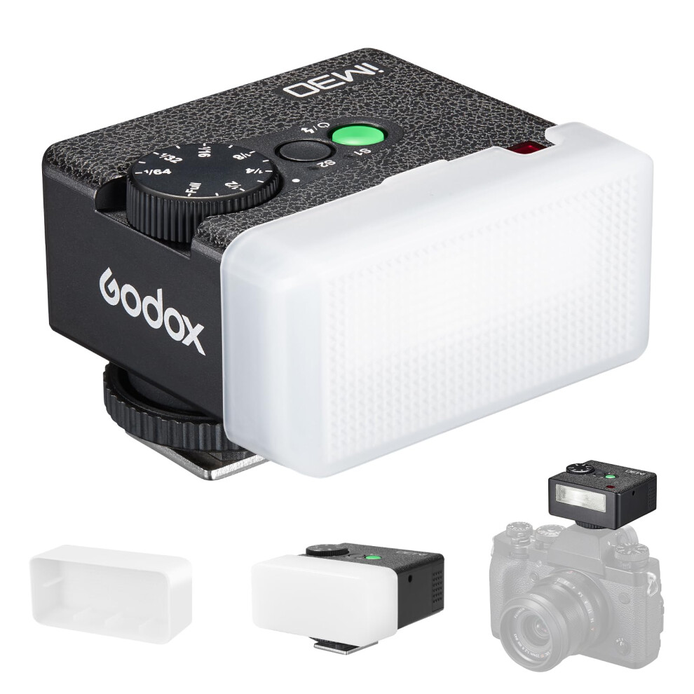 Godox iM30 Mini Flash with Diffuser for Canon, Nikon, Sony, Fuji, Olympus Single-Contact Hotshoe Cameras, Speedlite GN15, 7-Level Power Adjustment, 2