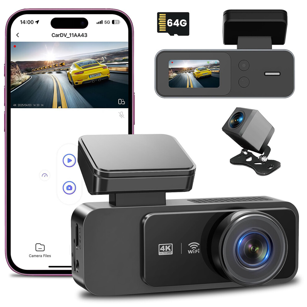 Dash Cam Front And Rear 4K+1080P, Uhd Built-In Wifi Dashcam With 64Gb Sd Card Inserted, 170+140 Wider Angle Dash Camera For Cars, Super Night Visio 3083211100254