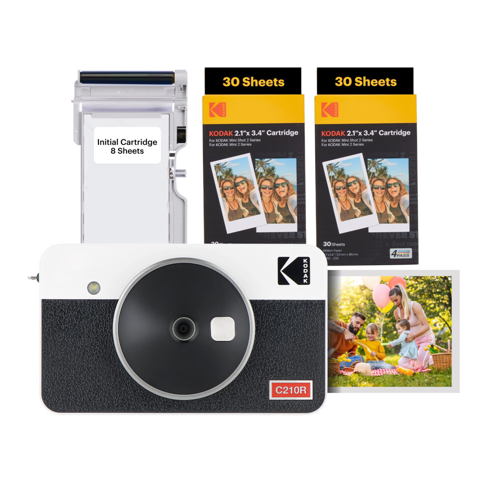 KODAK Mini Shot 2 Retro 4Pass 2-in-1 Instant Camera and Photo Printer (5.3 x 8.6 cm) + Initial 8 Sheets + 60 Sheets Bundle, White