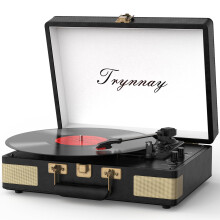 Trynnay Record Player 3 Speed Bluetooth Portable Suitcase Vinyl Player with Built-in Speakers Turntable Enhanced Audio Sound Waxed Leather Vintage Bl