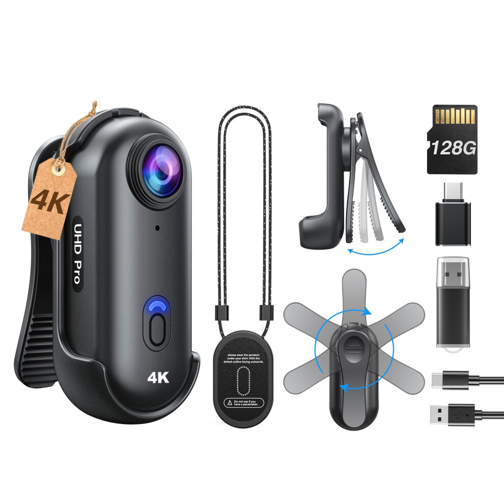 BOBLOV W4 4K Body Camera, Wearable 128GB Body Cam with 360Rotate Clip & Magnetic Clip, 90 Minutes for Recording, Mini Camera Easy to Use for Lecture